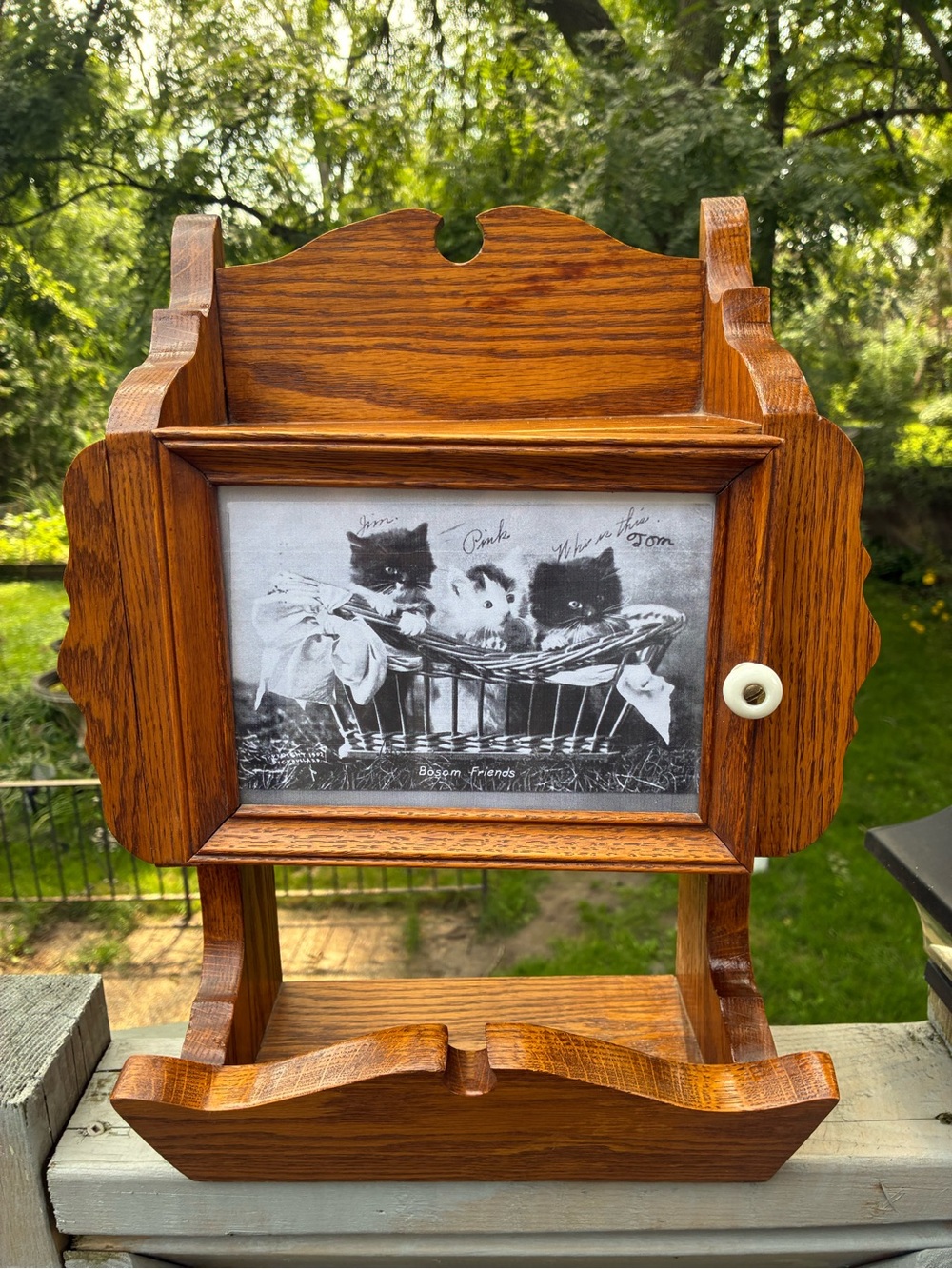 Vintage Oak Wall Shelf with Cupboard and Photo